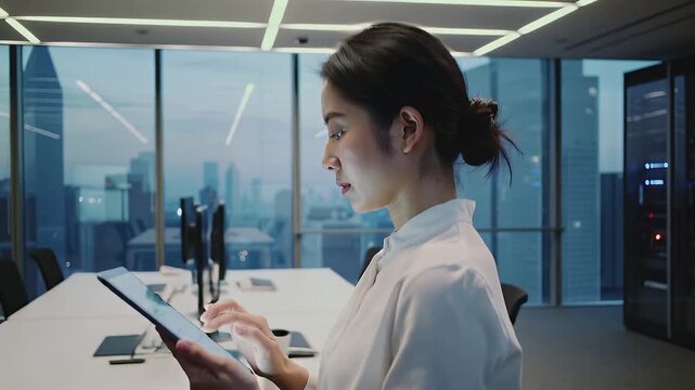 Working at a data center in the city during night with a server system in the background