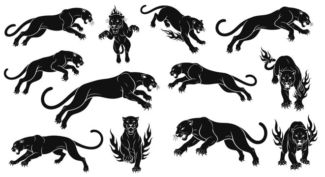 Set of Black Panther Silhouettes in Dynamic Poses, Tattoo Style
