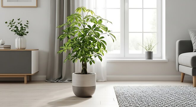Schefflera arboricola plant in bright living room interior with soft daylight from window, modern home decor concept highlighting fresh green indoor houseplant.