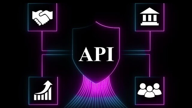 Glowing neon A P I cloud connection network with business icons handshake communication growth security and teamwork digital technology. 4k video