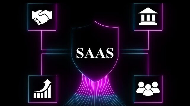 Glowing neon S A S cloud technology network diagram with icons for business growth partnership communication collaboration and cybersecurity on black background .4k