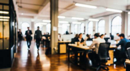 Fototapeta premium Blurred view of a busy modern office interior with employees working at desks and walking in hallway