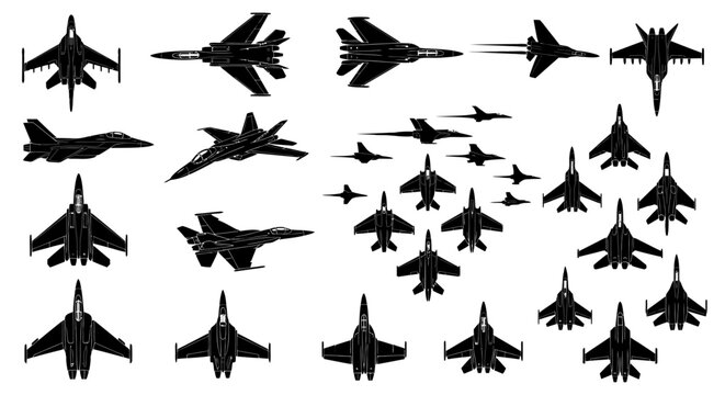 Silhouette Collection of Fighter Jets, Military Aircraft, Air Force Planes