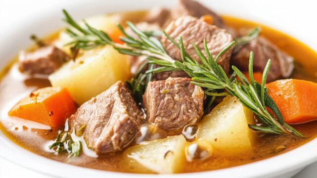 Delicious beef stew cooking process highlighting tender meat, fresh vegetables, and rich broth aroma