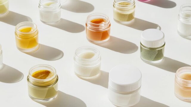 Rotating glass jars of colorful spices in bright minimalistic setting with dramatic shadows