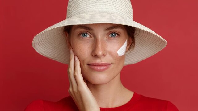 Woman applying skincare cream to face with subtle smile under wide brim hat on red background