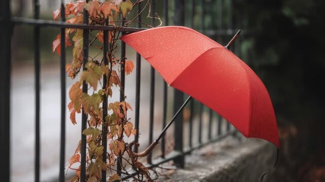 Red umbrella caught in garden fence on rainy day with autumn leaves