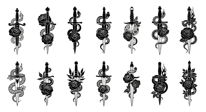Snake and Dagger Tattoo Designs: Black and White Vector Illustrations
