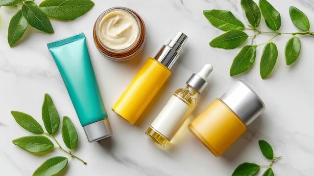 Natural skincare products on marble with green leaves: bottles, tubes, and creams highlighting organic beauty