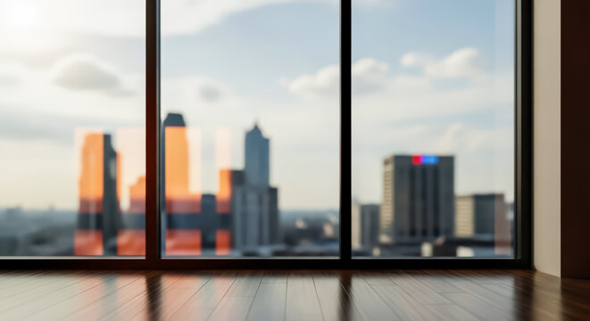 Empty modern office room with large window overlooking blurred city skyline at sunset