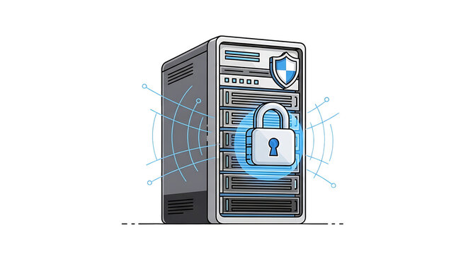 Illustration of a secure server with padlock icon, representing data protection and cyber security.  PNG, isolated on white background