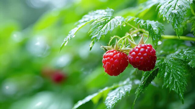Raspberries Grow on Green Plants in the Garden in Sunny Weather Throughout the Summer