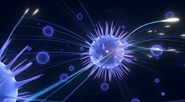 Detailed microscopic visualization of viral pathogens with spiky surfaces and glowing trails