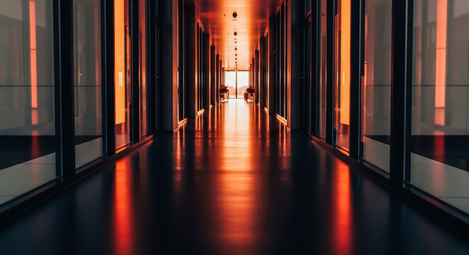 Modern office corridor with glowing orange ambient lighting and reflective dark floor in a business building