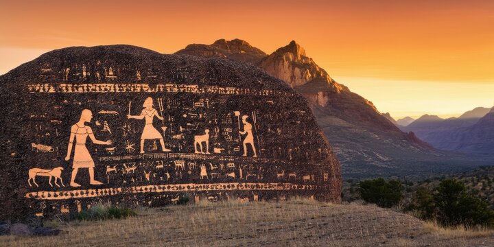 Petroglyphs adorn dark rock face. Mountains rise beyond, bathed in warm sunset light. Desert vegetation covers foreground landscape.