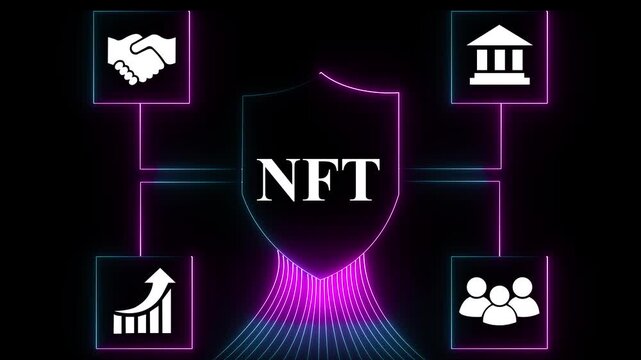 Glowing neon N F T cloud network connecting business handshake communication growth technology hacker and team icons digital concept neon glow on black background.