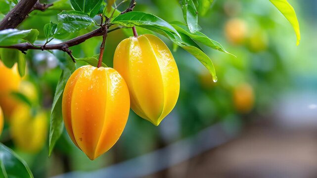Star Fruit Growing Process Showing Bright Yellow Fruit in Garden Setting