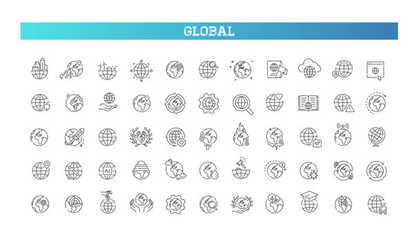 Globe icons. Global communications line icons set