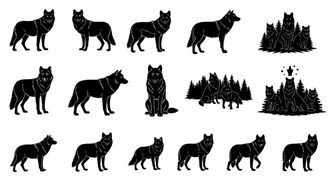 Wolf Pack Silhouette Collection: Wild Animals in Forest Scenes