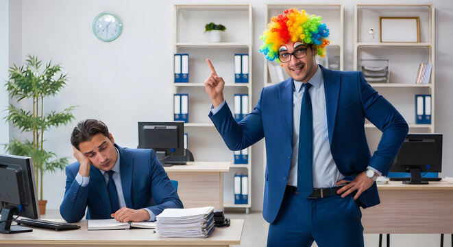 April fools' day office prank man wearing colorful wig and glasses plays joke on colleague