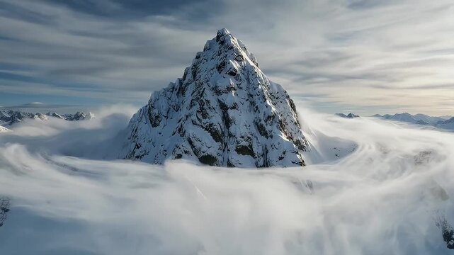 Dramatic view of a snowcovered mountain peak rising above swirling clouds
