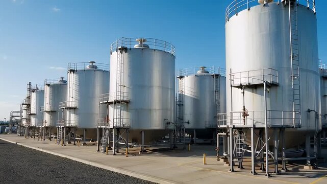 A row of large industrial storage tanks under a clear blue sky