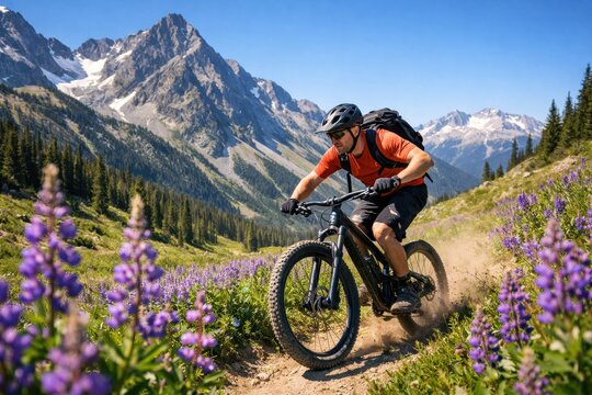 Mountain Biker Riding Trail Through Alpine Flowers