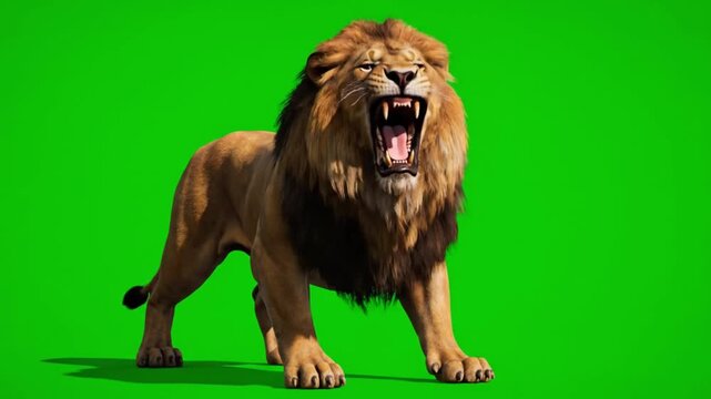 Roaring lion in aggressive stance on green screen with vibrant colors for film and television production