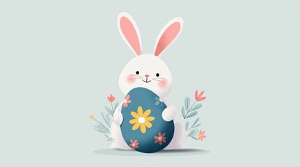 Fototapeta premium Cute white bunny holding decorative blue patterned egg. Easter holiday illustration with flowers. Pastel character design for festive greeting card decoration or celebration concept.