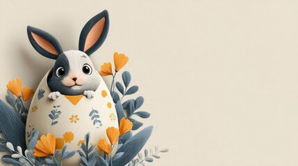 Obraz premium Little bunny popping out of decorated Easter egg with spring flowers. Cute animal character for holiday greeting card. Creative festive background with copy space for celebration design.
