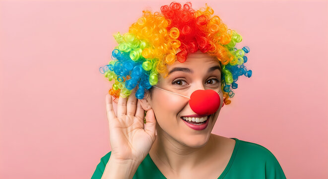 April fools' day prankster in colorful wig and red nose on pink background