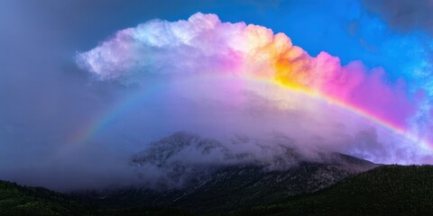 Fototapeta premium Dramatic landscape features vibrant rainbow arching over misty mountains. Clouds display colorful spectrum, creating stunning visual impact.