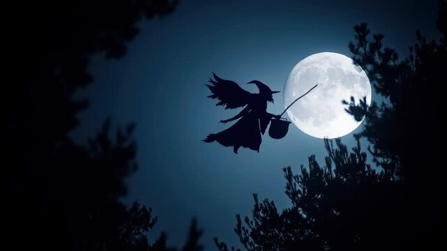 Enchanting silhouette of witch flying past full moon in night sky