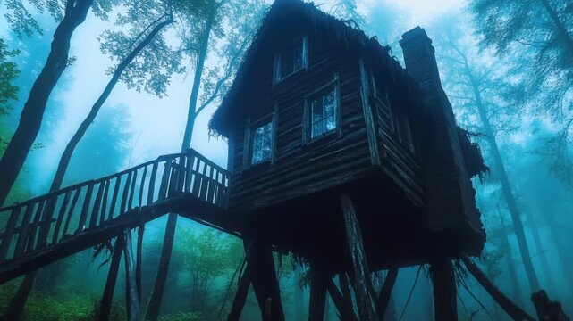 Enchanting forest treehouse in misty morning with vibrant greenery and rustic charm