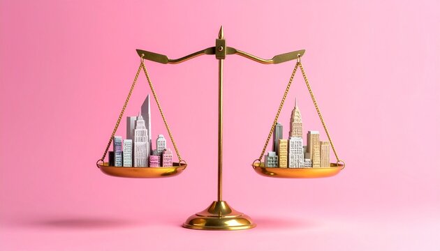 Golden balance scale with city buildings on pans against pink background, symbolizing urban equality, justice, and comparative development.
