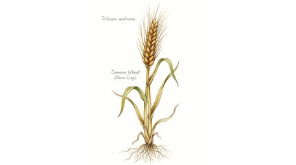 Obraz premium Botanical illustration of a single wheat stalk with roots and leaves, showcasing the detailed structure of the plant in a sketch style