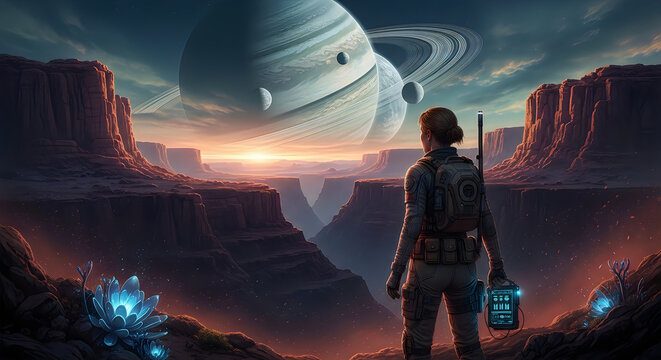April fools' day space prankster explores alien landscape with futuristic gadget