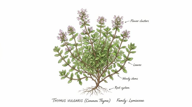 Colored sketch of botanical greenery, depicting Thymus vulgaris (Common Thyme) from the Lamiaceae family, with labeled parts including flower clusters, leaves, woody stems, and root system