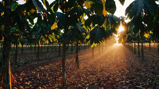 Golden sunrise through lush orchard trees with vibrant fallen fruits
