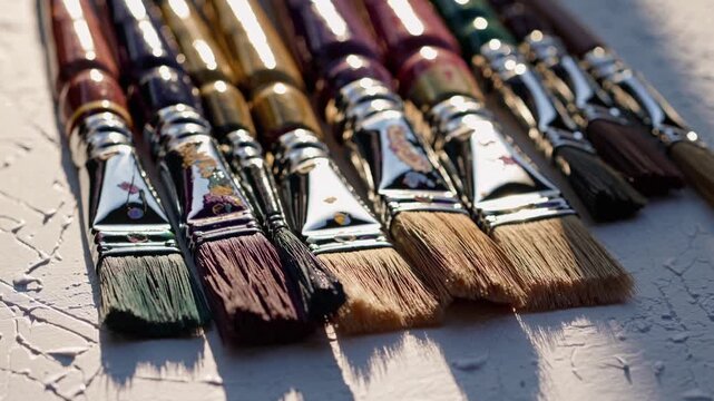 Sunlit paintbrushes: artistic tools resting on textured surface with shadows