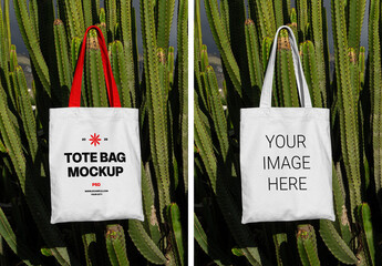Canvas Bag Hanging on Cactus PSD Mockup