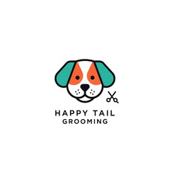 Obraz premium Cute cartoon dog head logo with scissors icon for pet grooming business concept on white background