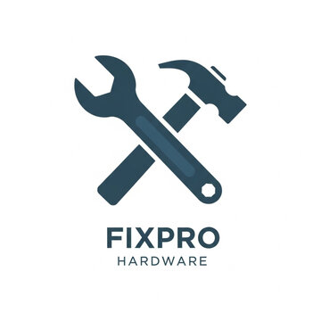 Minimalist logo design featuring crossed wrench and hammer icons for hardware repair or construction business