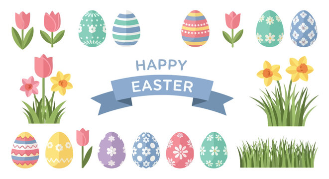 Happy Easter banner with colorful decorated eggs, tulips and daffodils in grass