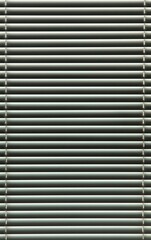 Linear background of lowered blinds in a living space in soft color. Closed blinds, texture, backdrop. Aluminum strips of thin blinds on window. Window blind surface in yellowish light and shadow
