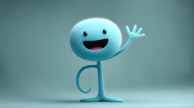 A cute and round stick man character with a round face and distinct facial features that has a goofily happy look on it. He is waving frantically to get noticed