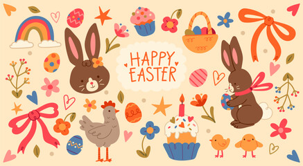 Fototapeta premium Festive colorful composition of Happy Easter holiday stickers with vibrant seasonal attributes