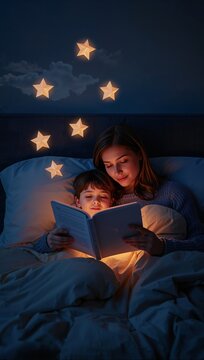 Woman reads a book with son in bed under decorative stars
