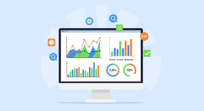 Business analytics dashboard on computer screen with charts, graphs, and KPIs