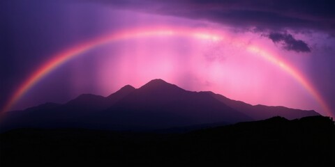 Fototapeta premium Dramatic landscape features vibrant rainbow arching over silhouetted mountains. Purple hues dominate sky, creating surreal scene.